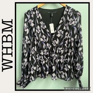 NWT White House Black Market Floral Smocked Waist Blouse Size S